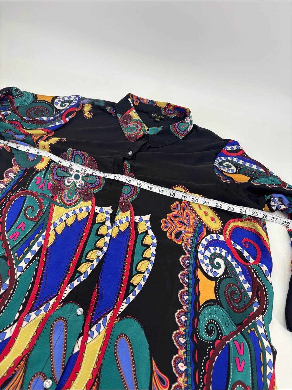 Vintage Y2K Artsy Boho Paisley Abstract Print Satin Rhinestone Tunic Top Size 1X - Picture 11 of 13